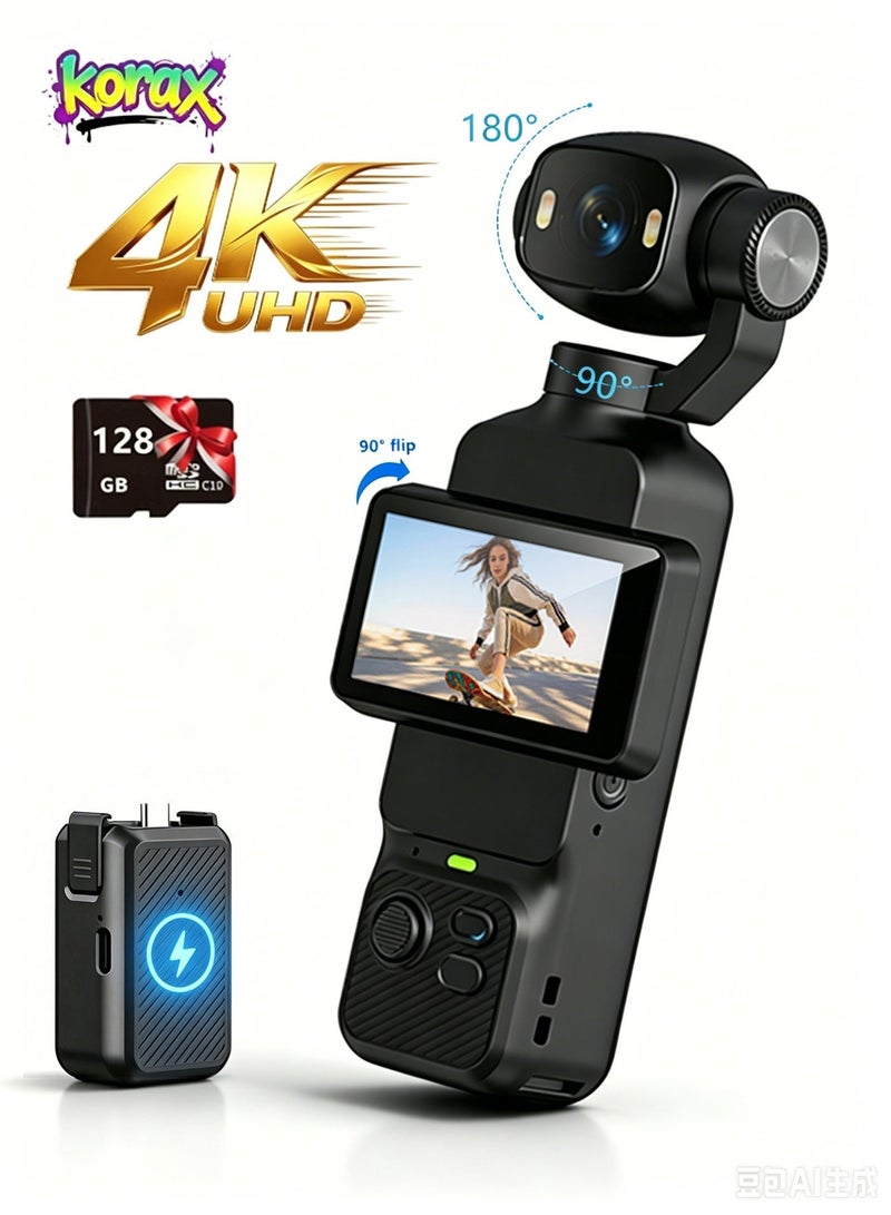 KORAX 4K Pocket Gimbal Camera with Charging Handle Case, 3-Axis Rotatable Action Cam, Lens 180° Horizontal & 90° Vertical Flip, 90° Rotatable Touch Screen, Portable Handheld Vlog Video Camera for Travel Shooting，and with 128G card - Image 1