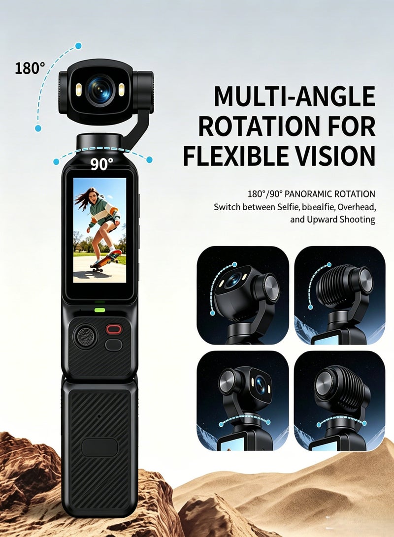 KORAX 4K Pocket Gimbal Camera with Charging Handle Case, 3-Axis Rotatable Action Cam, Lens 180° Horizontal & 90° Vertical Flip, 90° Rotatable Touch Screen, Portable Handheld Vlog Video Camera for Travel Shooting，and with 128G card - Image 3
