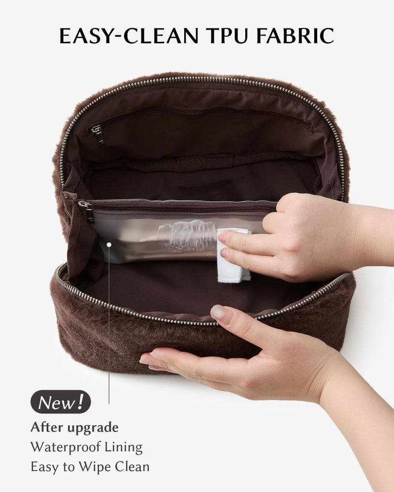EACHY Travel Makeup Bag,Cute Faux Fur Cosmetic Bag for Women,Portable 180Â°Wide-Open Flat Make Up Bag,Large Capacity Makeup Pouch Make Up Organizer with Divider and Handle - Image 4
