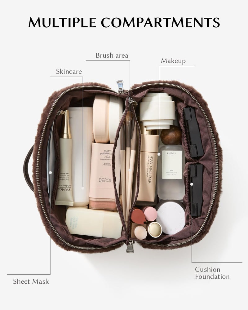 EACHY Travel Makeup Bag,Cute Faux Fur Cosmetic Bag for Women,Portable 180Â°Wide-Open Flat Make Up Bag,Large Capacity Makeup Pouch Make Up Organizer with Divider and Handle - Image 3