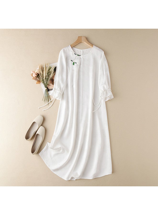 XINYANG New Chinese-style Qipao Dress 2025 Summer Improved Frog Button Jacquard Puff Sleeve Midi Dress - Image 2