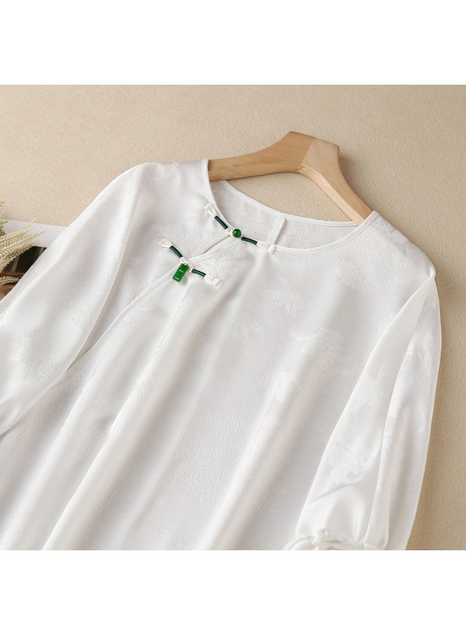 XINYANG New Chinese-style Qipao Dress 2025 Summer Improved Frog Button Jacquard Puff Sleeve Midi Dress - Image 4