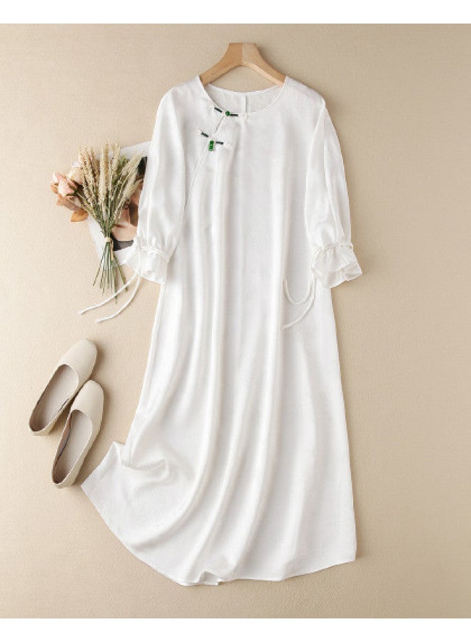 XINYANG New Chinese-style Qipao Dress 2025 Summer Improved Frog Button Jacquard Puff Sleeve Midi Dress - Image 1