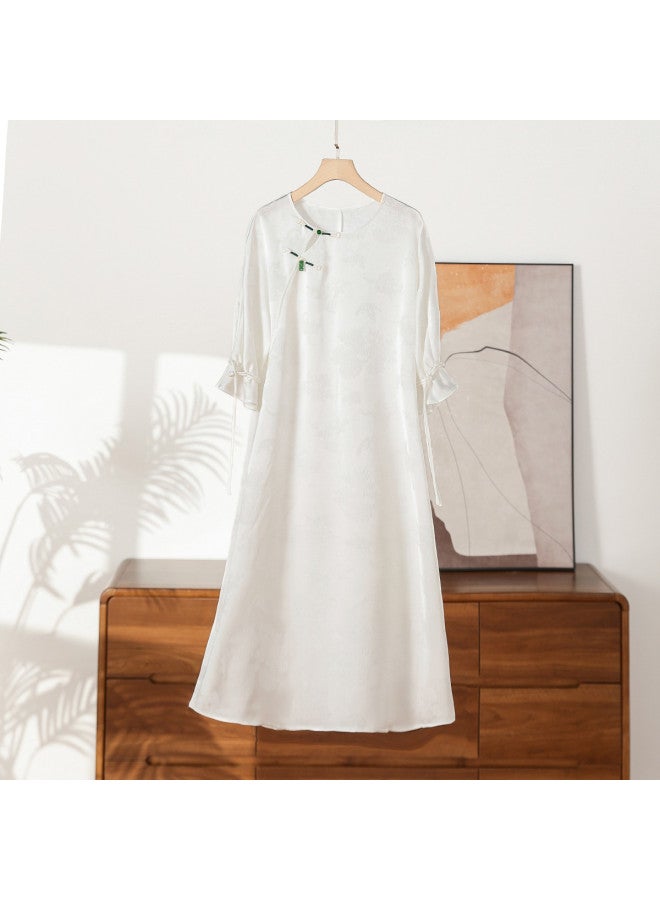 XINYANG New Chinese-style Qipao Dress 2025 Summer Improved Frog Button Jacquard Puff Sleeve Midi Dress - Image 5