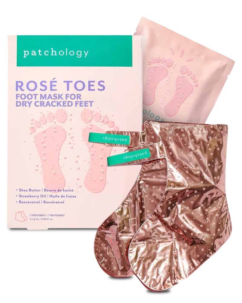 Patchology RosÃ© Toes Moisturizing Foot Mask â€“ Shea Butter & Strawberry Scented Booties for Dry, Cracked Feet, Disposable Spa Socks with Resveratrol for Soothing Foot Care, Self-Care Essentials - Image 1