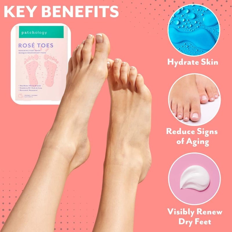 Patchology RosÃ© Toes Moisturizing Foot Mask â€“ Shea Butter & Strawberry Scented Booties for Dry, Cracked Feet, Disposable Spa Socks with Resveratrol for Soothing Foot Care, Self-Care Essentials - Image 2