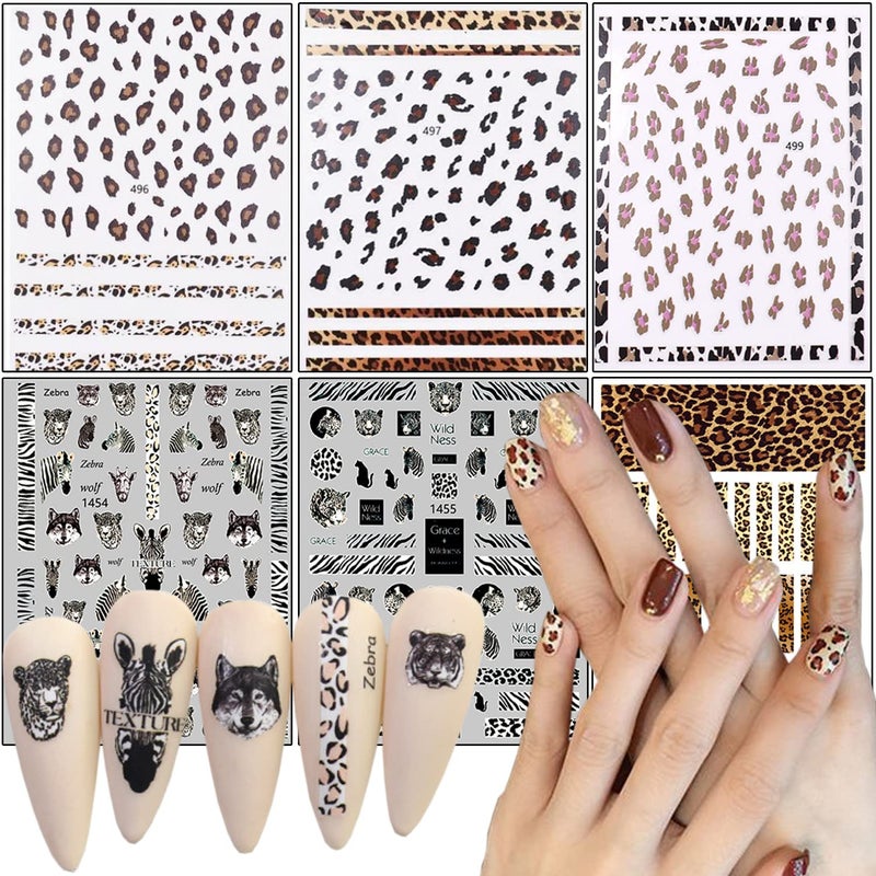 Leopard Print Nail Art Stickers Holographic Animal Striped Nail SelfAdhesive Sticker Design Zebra Leopard Wolf Nail Transfer Decals Acrylic Supplies for Women Girls Manicure Charms Decorations