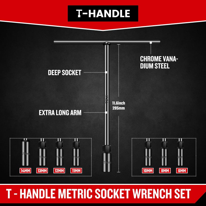 Upenjok T-Handle Wrench Socket Set, Cr-V Steel T Wrench Set Metric Size 6mm to 14mm, Wrench Tool Socket with Long Reach for Motorcycle Dirtbike Bicycle Repair (7 Pack) - Image 2