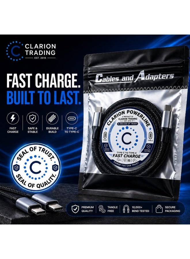 Clarion Powerline USB-C to USB-C Cable 240W 5A Super Fast Charging | Compatible with iPhone 15/16, Samsung, Huawei, Xiaomi, MacBook, iPad, Laptops & Gaming Devices | Nylon Braided | Tangle-Free | 10,000+ Bend Tested - Image 1