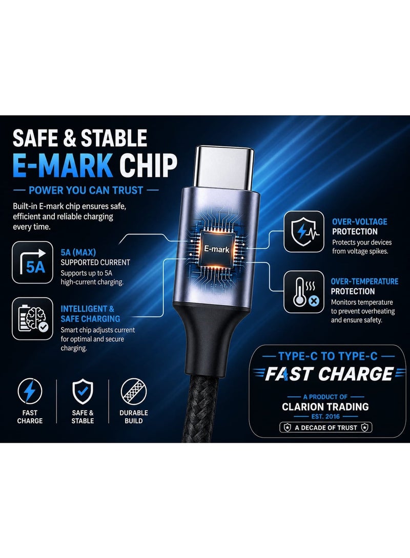 Clarion Powerline USB-C to USB-C Cable 240W 5A Super Fast Charging | Compatible with iPhone 15/16, Samsung, Huawei, Xiaomi, MacBook, iPad, Laptops & Gaming Devices | Nylon Braided | Tangle-Free | 10,000+ Bend Tested - Image 2