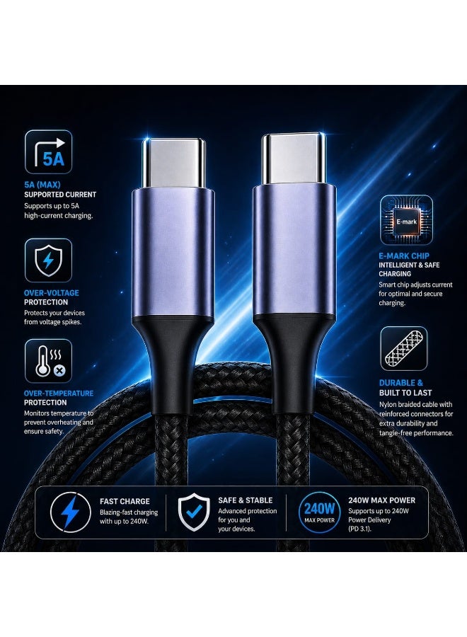 Clarion Powerline USB-C to USB-C Cable 240W 5A Super Fast Charging | Compatible with iPhone 15/16, Samsung, Huawei, Xiaomi, MacBook, iPad, Laptops & Gaming Devices | Nylon Braided | Tangle-Free | 10,000+ Bend Tested - Image 4