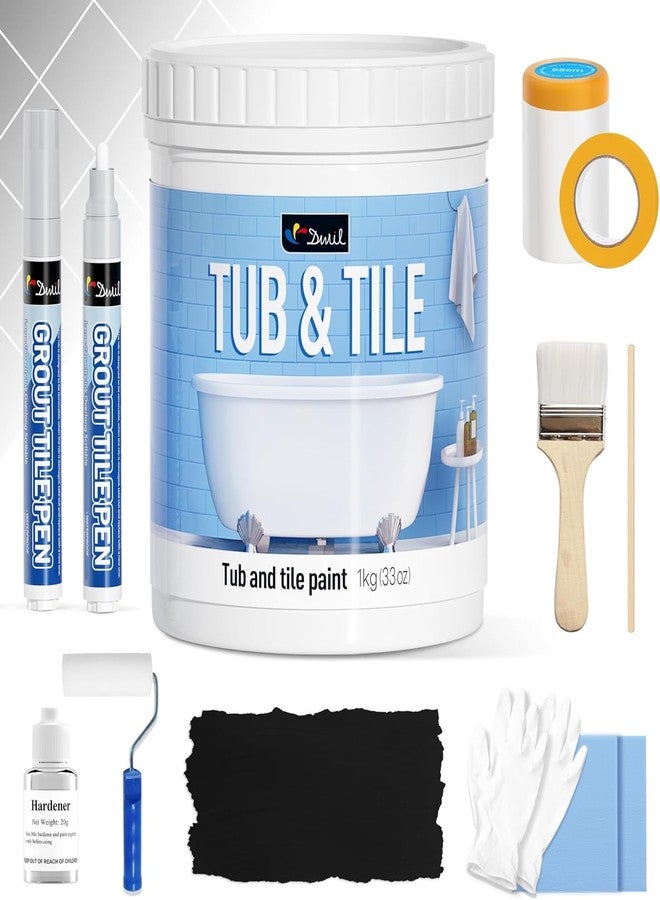 DWIL Tub Paint, Tub and Tile Refinishing Kit 33oz with Tools and 2 Grout Pen, Black Bathtub Paint Water Based &Low Odor, Easy to Use Sink for Bathroom Kitchen, Semi-Gloss Black, 50-55sq.ft - Image 1