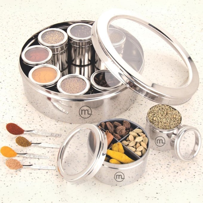 12 IN 1 STAINLESS STEEL MASALA BOX FOR KITCHEN STYLISH SPICE BOX DURABLE SPICE STORAGE SOLUTION MASALA BOX WITH 12 CONTAINERS SPICE CONTAINER FOR KITCHEN ORGANIZER POPULA DABBA SIZE13