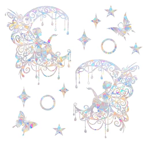 Shawula 21PCS Fairy and Moon Window Clings - Anti-Collision Decals to Save Birds, Non-Adhesive Prismatic Vinyl Clings, Rainbow Stickers - Image 1