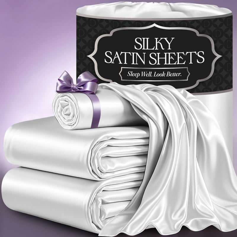 DECOLURE Satin Bed Sheets  3 Piece Luxury Silky Twin Size Bedding Set  Softer Than Silk WrinkleFree with 15 Deep Pocket Fitted Sheet Perfect for Hair  Skin Gifts for Women White