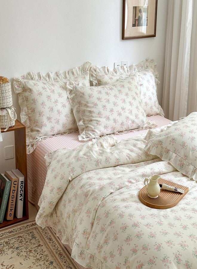 mixinni Pink Floral Duvet Cover Set Full Size - 100% Cotton Ruffle Lace Bedding Set for Girls, Romantic Cottagecore Style Duvet Cover with Zipper Closure, Soft Aesthetic Princess Bedding-Full - Image 2