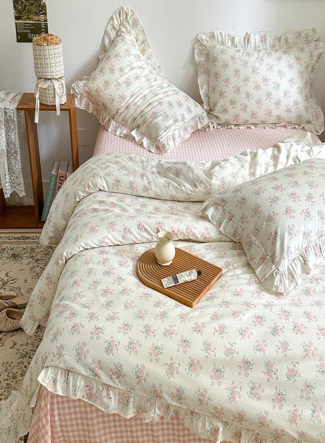 mixinni Pink Floral Duvet Cover Set Full Size - 100% Cotton Ruffle Lace Bedding Set for Girls, Romantic Cottagecore Style Duvet Cover with Zipper Closure, Soft Aesthetic Princess Bedding-Full - Image 5