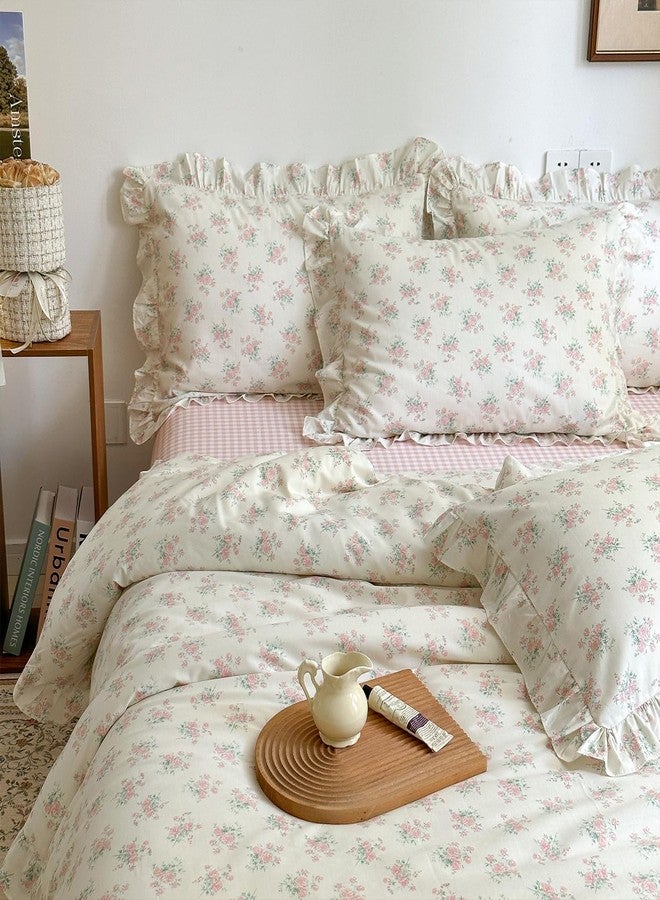 mixinni Pink Floral Duvet Cover Set Full Size - 100% Cotton Ruffle Lace Bedding Set for Girls, Romantic Cottagecore Style Duvet Cover with Zipper Closure, Soft Aesthetic Princess Bedding-Full - Image 1