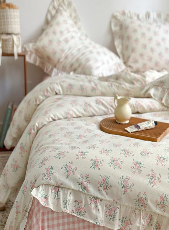 mixinni Pink Floral Duvet Cover Set Full Size - 100% Cotton Ruffle Lace Bedding Set for Girls, Romantic Cottagecore Style Duvet Cover with Zipper Closure, Soft Aesthetic Princess Bedding-Full - Image 3