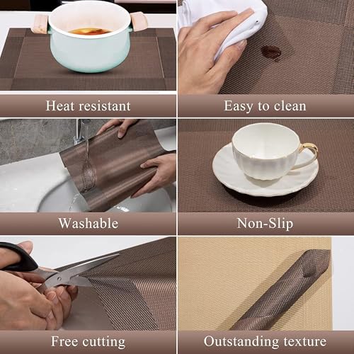 Baskety Washable Premium PVC Table Placemats Heat Resistant Non-Slip Kitchen Dining Mats for Kitchen, Dining Room, Coffee Table and Restaurant Use (Brown, Set of 4) - Image 4