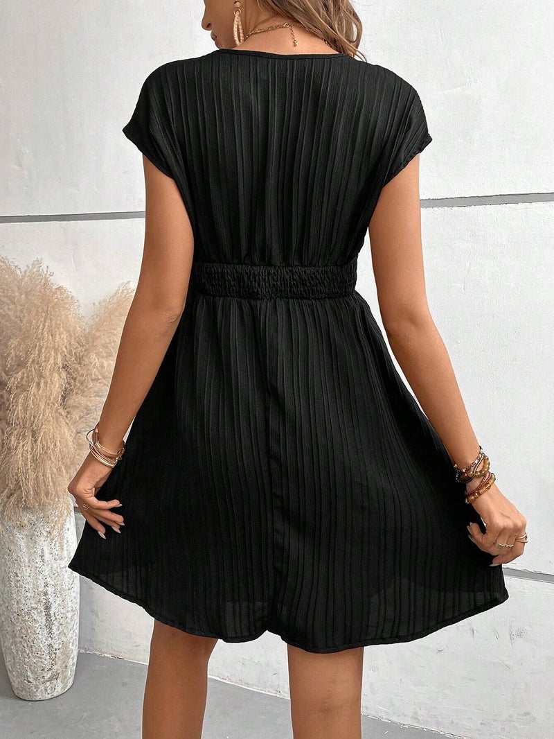 Spot Women'S Stripesd Lace V Neck Bat Sleeves Pure Color Elegant Dress - Image 3