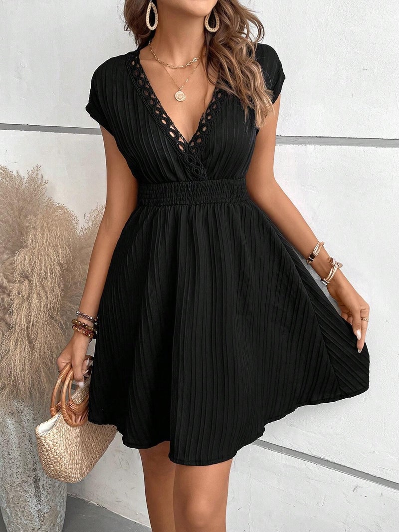 Spot Women'S Stripesd Lace V Neck Bat Sleeves Pure Color Elegant Dress - Image 5