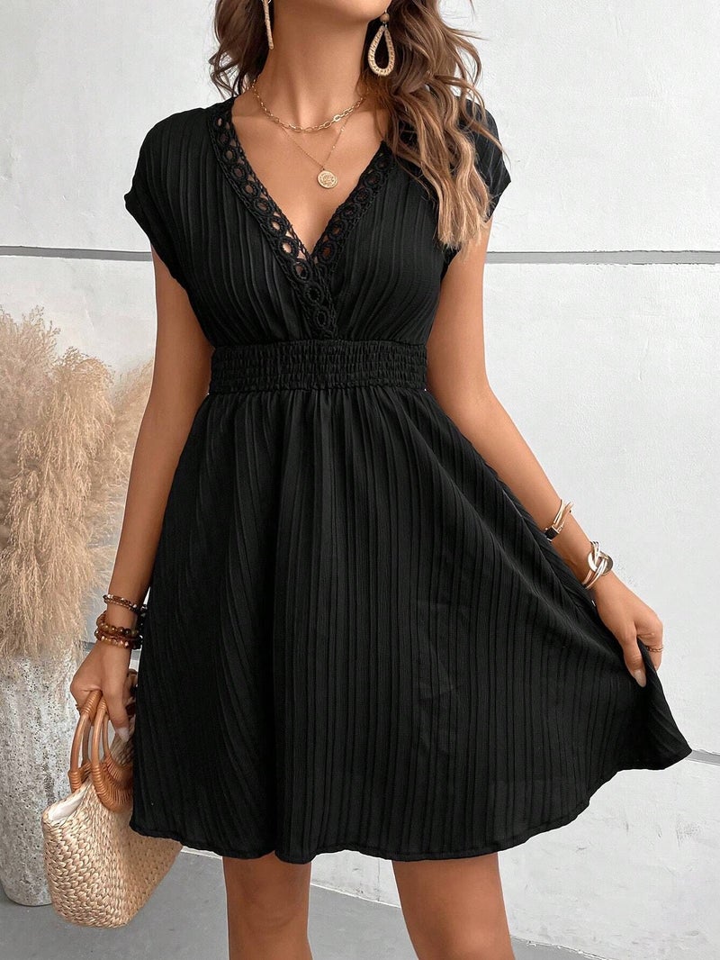 Spot Women'S Stripesd Lace V Neck Bat Sleeves Pure Color Elegant Dress - Image 1