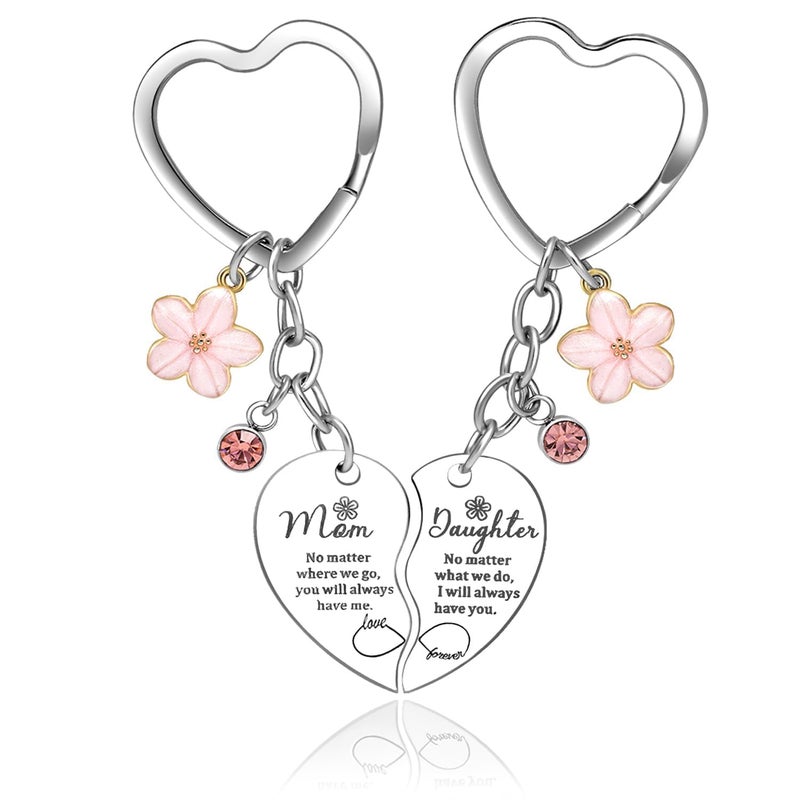 Smilelife Gifts for Mom Daughter 2 Pcs Pink Flower Rhinestone Charm Mother&Daughter Heart Matching Keychain Backpack Purse Keychain Christmas Birthday Gifts - Image 1