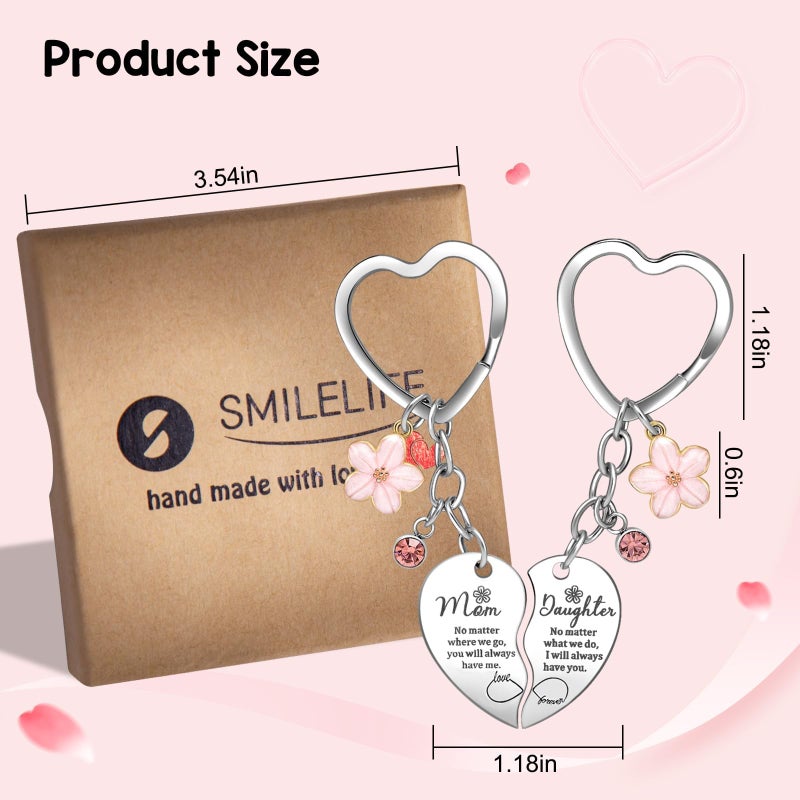Smilelife Gifts for Mom Daughter 2 Pcs Pink Flower Rhinestone Charm Mother&Daughter Heart Matching Keychain Backpack Purse Keychain Christmas Birthday Gifts - Image 2