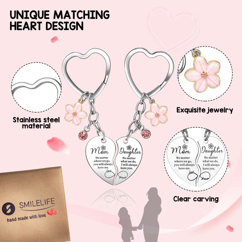 Smilelife Gifts for Mom Daughter 2 Pcs Pink Flower Rhinestone Charm Mother&Daughter Heart Matching Keychain Backpack Purse Keychain Christmas Birthday Gifts - Image 3