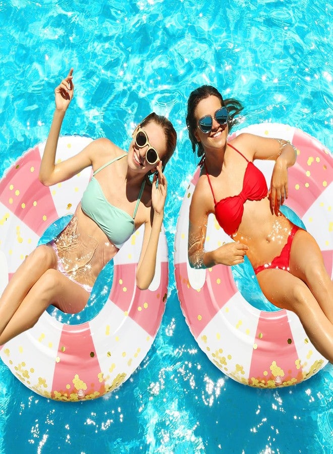 Yuokwer Large Inflatable Pool Floats with Handles for Adults- Pool Floaties Pool Tubes Swim Rings with Gold Sequins Inflatable Pool Float for Swimming Pool Party Lake Beach Adults (Pink Stripes) - Image 5