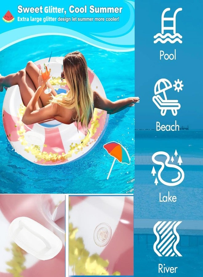 Yuokwer Large Inflatable Pool Floats with Handles for Adults- Pool Floaties Pool Tubes Swim Rings with Gold Sequins Inflatable Pool Float for Swimming Pool Party Lake Beach Adults (Pink Stripes) - Image 4