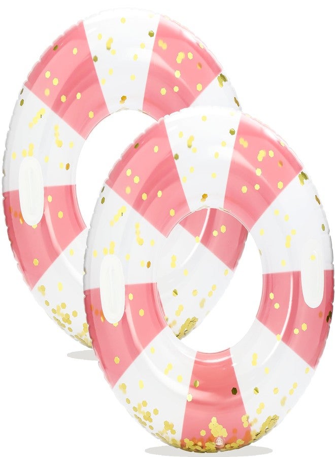 Yuokwer Large Inflatable Pool Floats with Handles for Adults- Pool Floaties Pool Tubes Swim Rings with Gold Sequins Inflatable Pool Float for Swimming Pool Party Lake Beach Adults (Pink Stripes) - Image 1