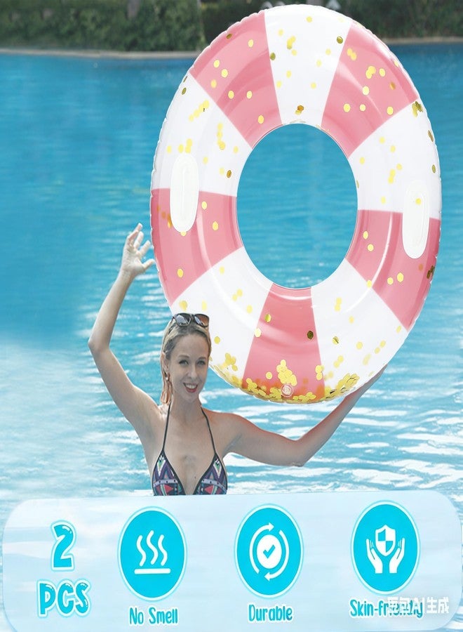 Yuokwer Large Inflatable Pool Floats with Handles for Adults- Pool Floaties Pool Tubes Swim Rings with Gold Sequins Inflatable Pool Float for Swimming Pool Party Lake Beach Adults (Pink Stripes) - Image 3
