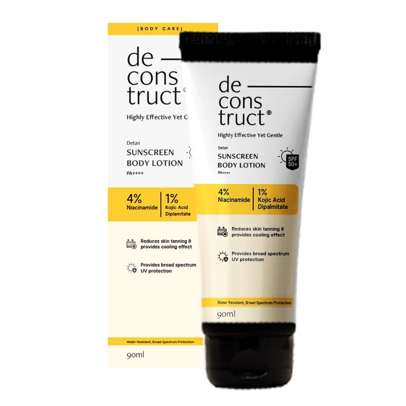 Deconstruct Detan Sunscreen Body Lotion SPF 50 PA Broad Spectrum UVA and UVB Protection Lightweight WaterResisitent NonGreasy Formula With Kojic Acid Niacinamide for Reducing Tan Lines Skin Brightening All Skin types 90 ml - Image 1