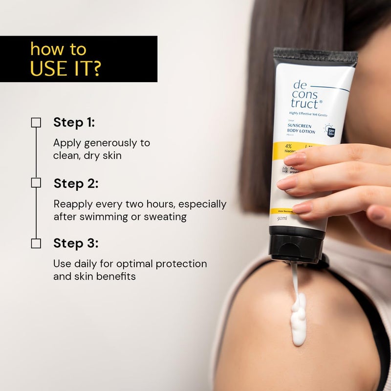 Deconstruct Detan Sunscreen Body Lotion SPF 50 PA Broad Spectrum UVA and UVB Protection Lightweight WaterResisitent NonGreasy Formula With Kojic Acid Niacinamide for Reducing Tan Lines Skin Brightening All Skin types 90 ml - Image 3