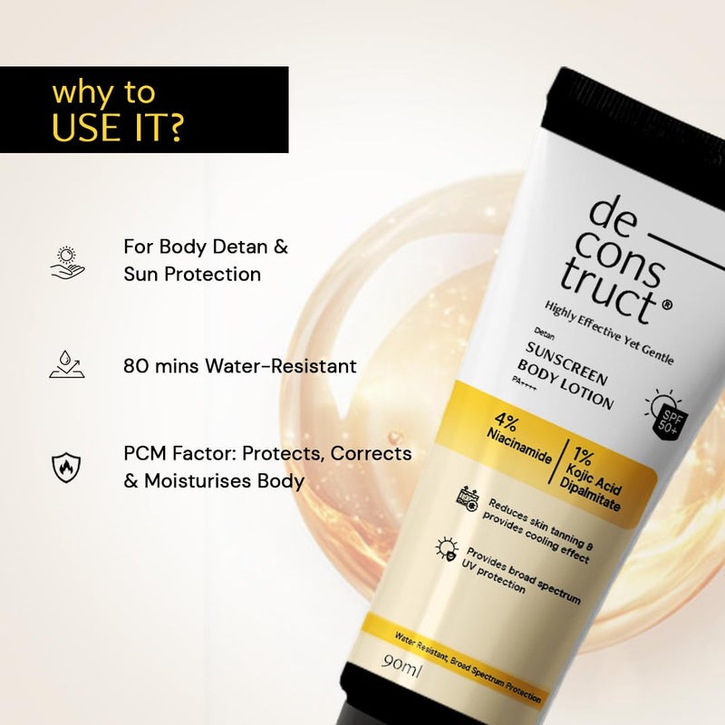 Deconstruct Detan Sunscreen Body Lotion SPF 50 PA Broad Spectrum UVA and UVB Protection Lightweight WaterResisitent NonGreasy Formula With Kojic Acid Niacinamide for Reducing Tan Lines Skin Brightening All Skin types 90 ml - Image 2