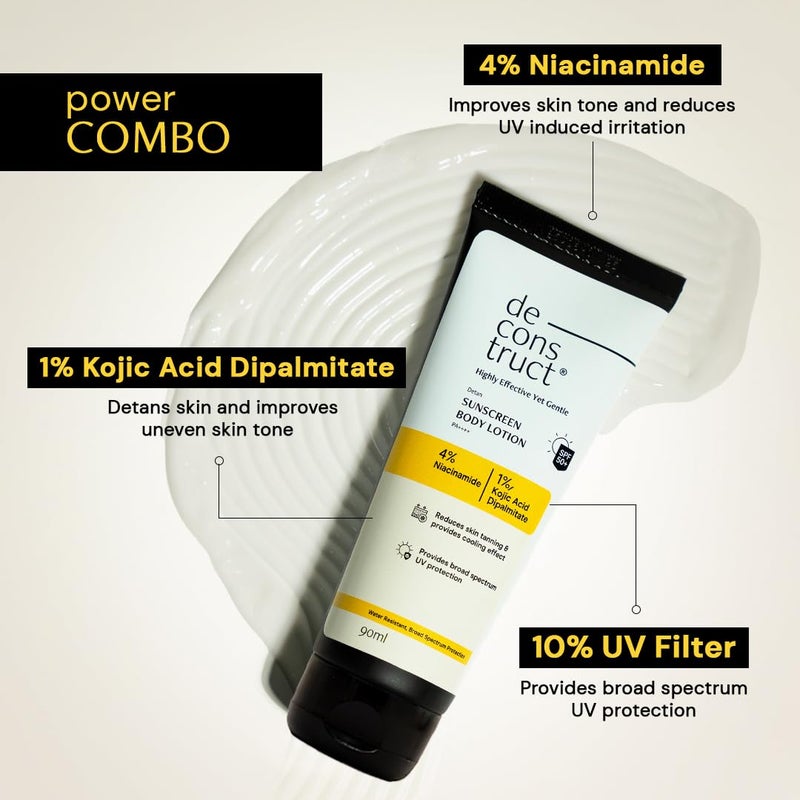 Deconstruct Detan Sunscreen Body Lotion SPF 50 PA Broad Spectrum UVA and UVB Protection Lightweight WaterResisitent NonGreasy Formula With Kojic Acid Niacinamide for Reducing Tan Lines Skin Brightening All Skin types 90 ml - Image 4