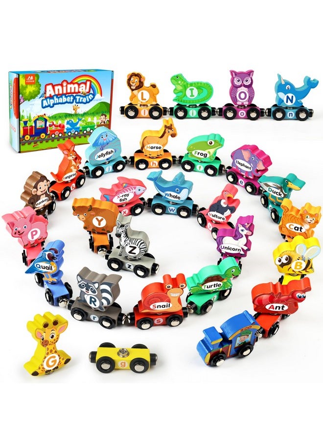 Vanmor Vanmor Wooden Train Set for Toddlers - Snap-Connection Animal Trains, Magnetic Alphabet Train Learning Toys, STEM Preschool Toys, ABC and Animal Play Set for Kids Ages 3-5  - Image 1
