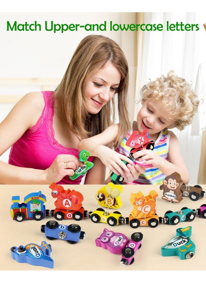 Vanmor Vanmor Wooden Train Set for Toddlers - Snap-Connection Animal Trains, Magnetic Alphabet Train Learning Toys, STEM Preschool Toys, ABC and Animal Play Set for Kids Ages 3-5  - Image 2
