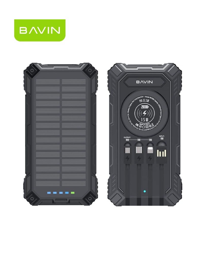 Bavin 20000mAh Solar Powerbank Wireless Charging with Flashlight Built-in 4 Cables and 22.5W - Image 1