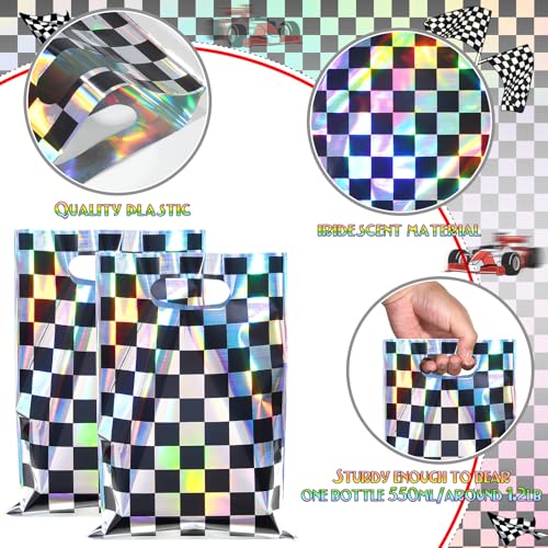 FunnyPars 50 Pcs Iridescent Checkered Race Car Party Favor Bags, Plastic Black and Iridescent Car Goodie Treat Bags, Racecar Laser Plaid Gift Bags for Kids Fast Race Car Birthday Party Decorations - Image 3