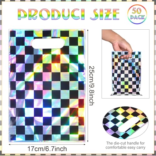 FunnyPars 50 Pcs Iridescent Checkered Race Car Party Favor Bags, Plastic Black and Iridescent Car Goodie Treat Bags, Racecar Laser Plaid Gift Bags for Kids Fast Race Car Birthday Party Decorations - Image 2