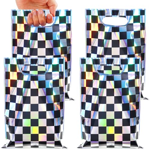 FunnyPars 50 Pcs Iridescent Checkered Race Car Party Favor Bags, Plastic Black and Iridescent Car Goodie Treat Bags, Racecar Laser Plaid Gift Bags for Kids Fast Race Car Birthday Party Decorations - Image 1
