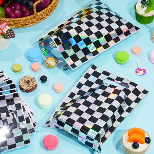 FunnyPars 50 Pcs Iridescent Checkered Race Car Party Favor Bags, Plastic Black and Iridescent Car Goodie Treat Bags, Racecar Laser Plaid Gift Bags for Kids Fast Race Car Birthday Party Decorations - Image 4
