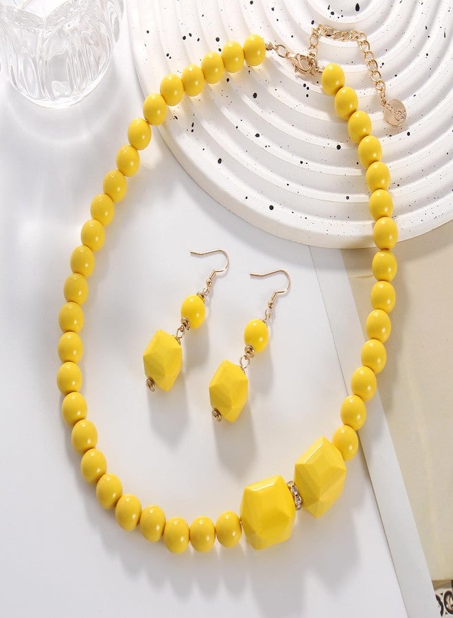 Coiris Chunky Acrylic Beads Strand Necklaces Set,Statement Geometric Beads Necklace Earrings,Acrylic African Beaded Necklace for Accessory Jewelry(N0109+ER-Yellow) - Image 4