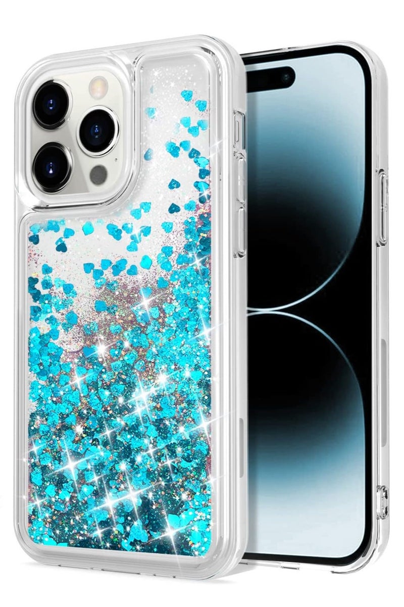 Case Club Glitter iPhone 16 Pro Max Case - Liquid Floating Sparkle Protective Cover with Blue Heart Glitter & Shockproof Bumper - Transparent TPU Soft Case for Girls & Women - Image 1