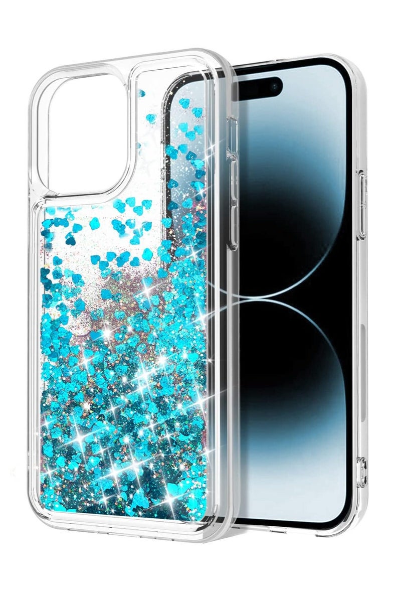 Case Club Glitter iPhone 16 Pro Max Case - Liquid Floating Sparkle Protective Cover with Blue Heart Glitter & Shockproof Bumper - Transparent TPU Soft Case for Girls & Women - Image 3