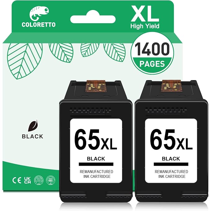 COLORETTO Remanufactured Ink Cartridges Replacement for 65XL 65 XL Combo Pack N9K04AN for Envy 5055 5052 5058 DeskJet 3755 2655 3720 3722 3723 3752 3758 2652 2624 High Yield (2 Black)