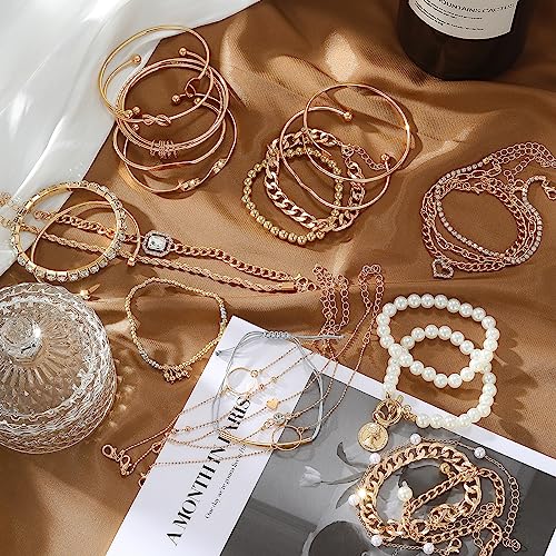 IFKM 6 Pack (27 Pcs) 14K Gold Plated Stackable Open Cuff Bangle Chain Bracelets Set for Women - Image 4